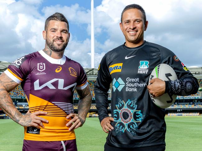 Brisbane Broncos Adam Reynolds with cricketer Usman Khawaja at The Gabba, Wednesday, January 17, 2023 - Picture: Richard Walker