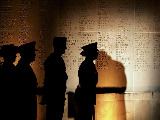 A dawn ceremony at the Australian Memorial of the WWI battle of the Somme in Villers-Bretonneux to commemorate the day when soldiers stopped the German offensive on Amiens. Picture: AFP