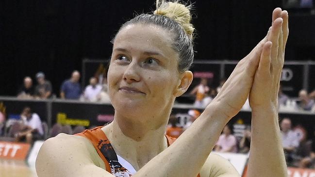 TOWNSVILLE, AUSTRALIA - DECEMBER 31: Sami Whitcomb of the Fire celebrates after winning the WNBL match between Townsville Fire and Perth Lynx at Townsville Entertainment Centre, on December 31, 2023, in Townsville, Australia. (Photo by Ian Hitchcock/Getty Images)