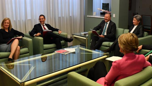 The B-grade: Labor’s Senator Katy Gallagher, Shadow Treasurer Jim Chalmers, Leader of the Opposition Anthony Albanese, Senator Penny Wong and Senator Kristina Keneally ahead of a Labor Caucus address at Parliament House on October 8. Picture: Getty