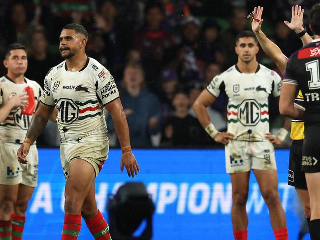 MELBOURNE, AUSTRALIA - APRIL 25: LatrellÃÂ Mitchell of the Rabbitohs is sent to the sin-bin by referee Peter Gough during the round eight NRL match between the Melbourne Storm and South Sydney Rabbitohs at AAMI Park on April 25, 2025, in Melbourne, Australia. (Photo by Robert Cianflone/Getty Images)