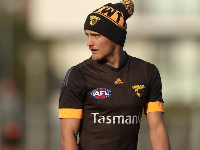 MELBOURNE, AUSTRALIA - JUNE 11: Harry Morrison of the Hawks looks on during a Hawthorn Hawks AFL Training Session at Waverley Park on June 11, 2020 in Melbourne, Australia. (Photo by Graham Denholm/Getty Images)