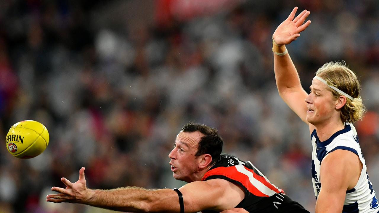 Sam De Koning went up against Todd Goldstein and Sam Draper. Picture: Josh Chadwick/AFL Photos/via Getty Images