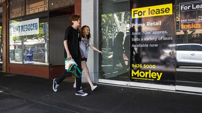 Empty shops up for rent on Lygon Street in Melbourne. Picture: Aaron Francis