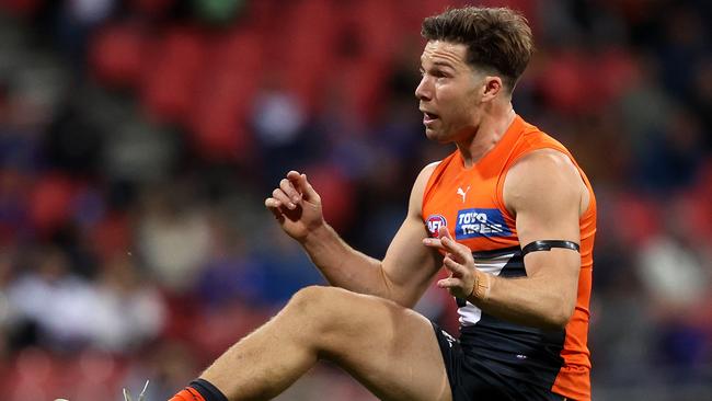 Toby Greene kicks one of his seven goals against the Bulldogs. Picture: Phil Hillyard