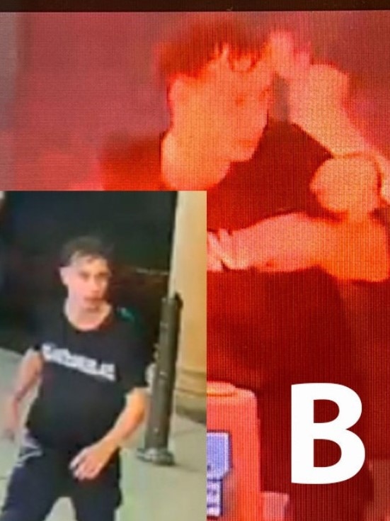 The second man (Person B) is described as being of Caucasian appearance, of thin build with short hair. He is depicted wearing black Adidas-brand shoes with white stripes, blue jeans, and a black T-shirt with white text on the front. He has a tattoo on the right bicep area. Picture: NSW Police