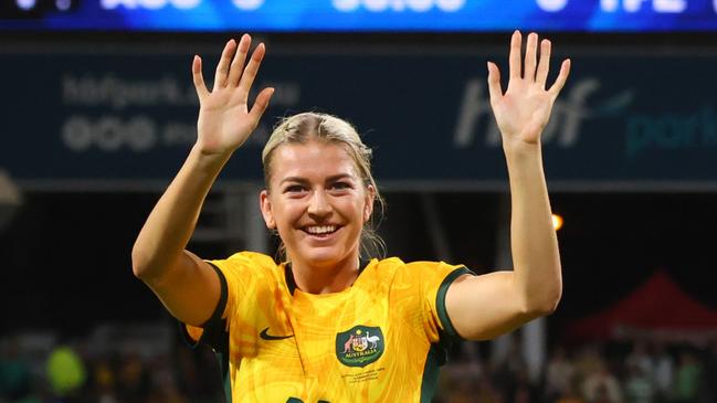 PERTH, AUSTRALIA - NOVEMBER 01: Charlotte Grant of the Matildas acknowledges the crowd after the win during the AFC Women's Asian Olympic Qualifier match between Australia Matildas and Chinese Taipei at HBF Park on November 01, 2023 in Perth, Australia. (Photo by James Worsfold/Getty Images)