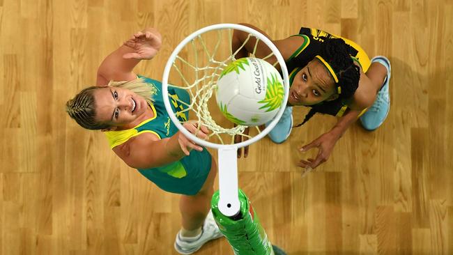 Caitlin Bassett scores during the Diamonds’ 72-51 win over Jamaica. Picture: Dan Mullan/Getty Images