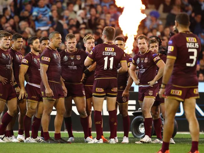 MELBOURNE, AUSTRALIA - JUNE 06:  Greg Inglis of the Maroons and his teammates look dejected after a Blues try during game one of the State Of Origin series between the Queensland Maroons and the New South Wales Blues at the Melbourne Cricket Ground on June 6, 2018 in Melbourne, Australia.  (Photo by Scott Barbour/Getty Images)