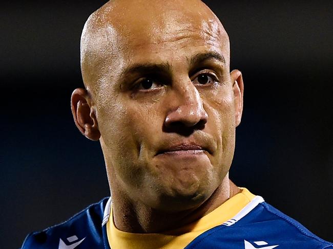 MACKAY, AUSTRALIA - SEPTEMBER 18: Blake Ferguson of the Eels watches on during the warm-up before the NRL Semifinal match between the Penrith Panthers and the Parramatta Eels at BB Print Stadium on September 18, 2021 in Mackay, Australia. (Photo by Matt Roberts/Getty Images)