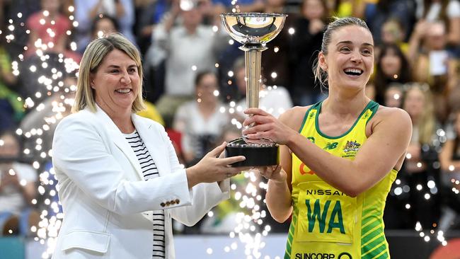 GOLD COAST, AUSTRALIA - OCTOBER 23: Liz Watson of Australia and Coach Stacey Marinkovich hold up the Constellation Cup after the Constellation Cup match between the Australia Diamonds and New Zealand Silver Ferns at Gold Coast Convention and Exhibition Centre on October 23, 2022 in Gold Coast, Australia. (Photo by Bradley Kanaris/Getty Images)