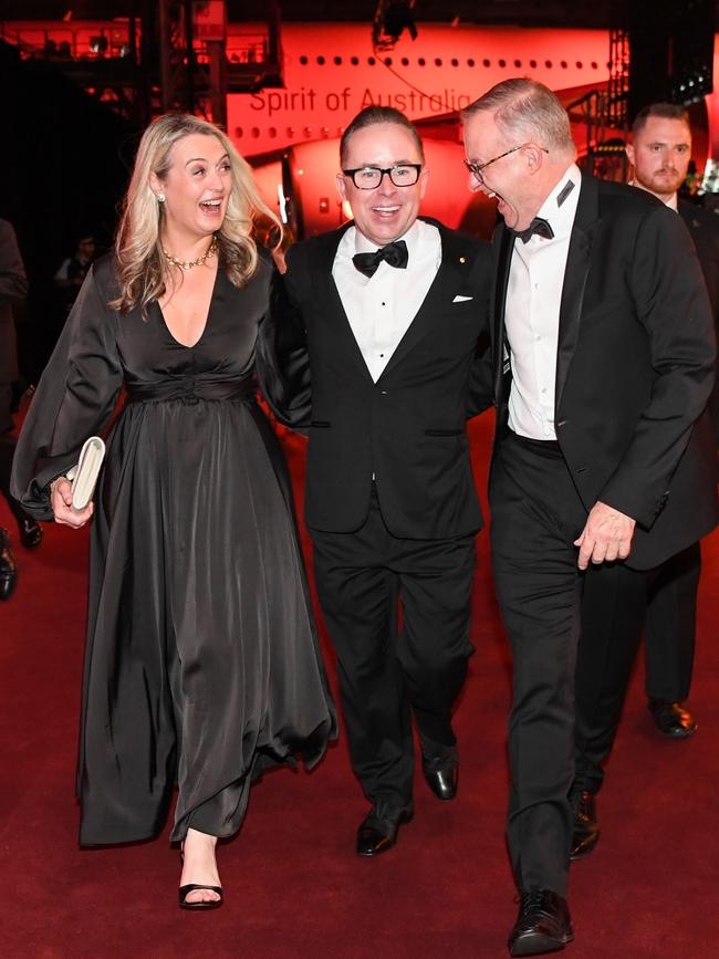 Jodie Haydon, Alan Joyce and Anthony Albanese at the Qantas 100th Gala Dinner.