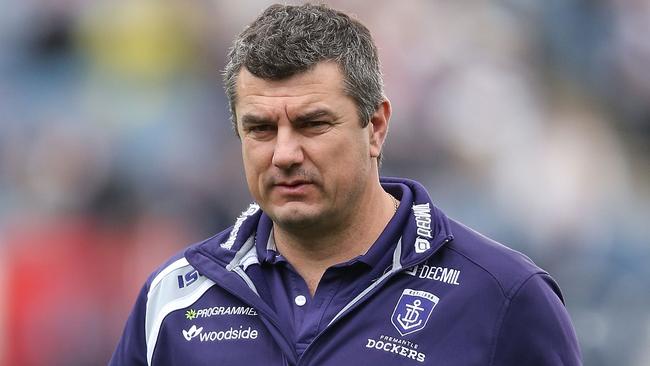 GEELONG, AUSTRALIA - SEPTEMBER 07: Dockers assistant coach Peter Sumich looks ahead during the Second AFL Qualifying Final match between the Geelong Cats and the Fremantle Dockers at Simonds Stadium on September 7, 2013 in Geelong, Australia. (Photo by Michael Dodge/Getty Images)