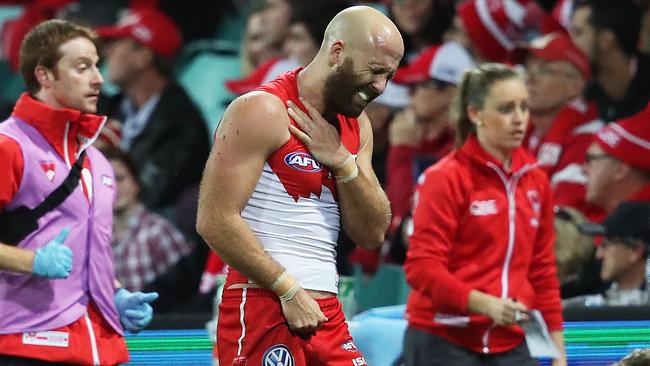 Sydney's Jarrad McVeigh injured during AFL match between the Sydney Swans and Geelong Cats at the SCG. Picture. Phil Hillyard