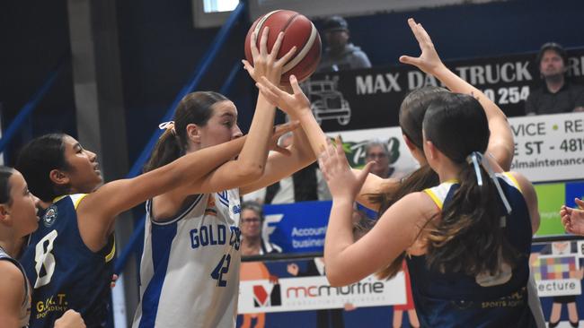 Action at the Basketball Queensland under-14 girls state championships at Bravus Arena in Rockhampton on July 1, 2024.
