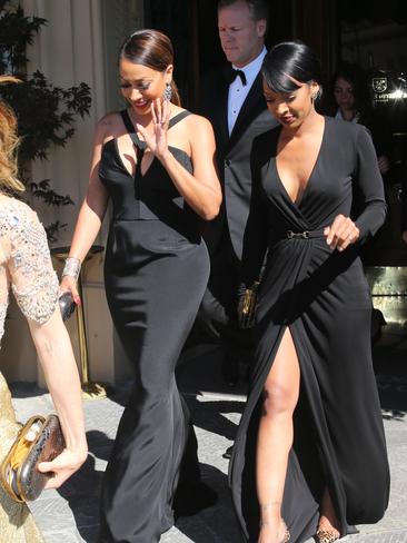 LaLa Anthony and Malika Haqq leave thir hotel and head to Fort Belvedere for the wedding of Kim Kardashian to Kanye West in Florence, Italy. Picture: Splash