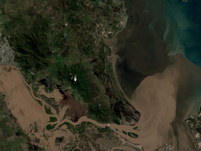 Polluting sand and sediment is now pushing into the reef. Picture: European Space Agency Sentinel 2 Mission