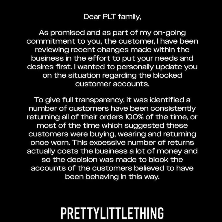 Pretty Little Things announced it had banned customers for making purchases in bad faith.