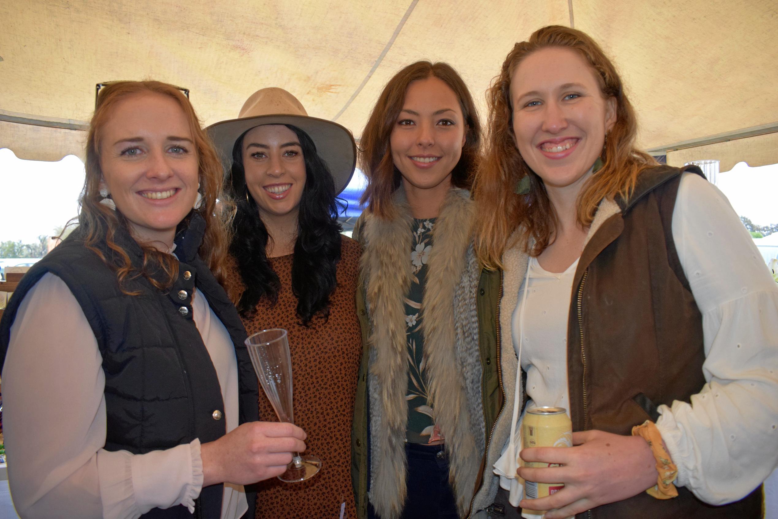 Danielle Dwan, Emma Russell, Sam Messmer, and Emma Conway at the Condamine Cods Annual Ladies Day, June 8. Picture: Brooke Duncan