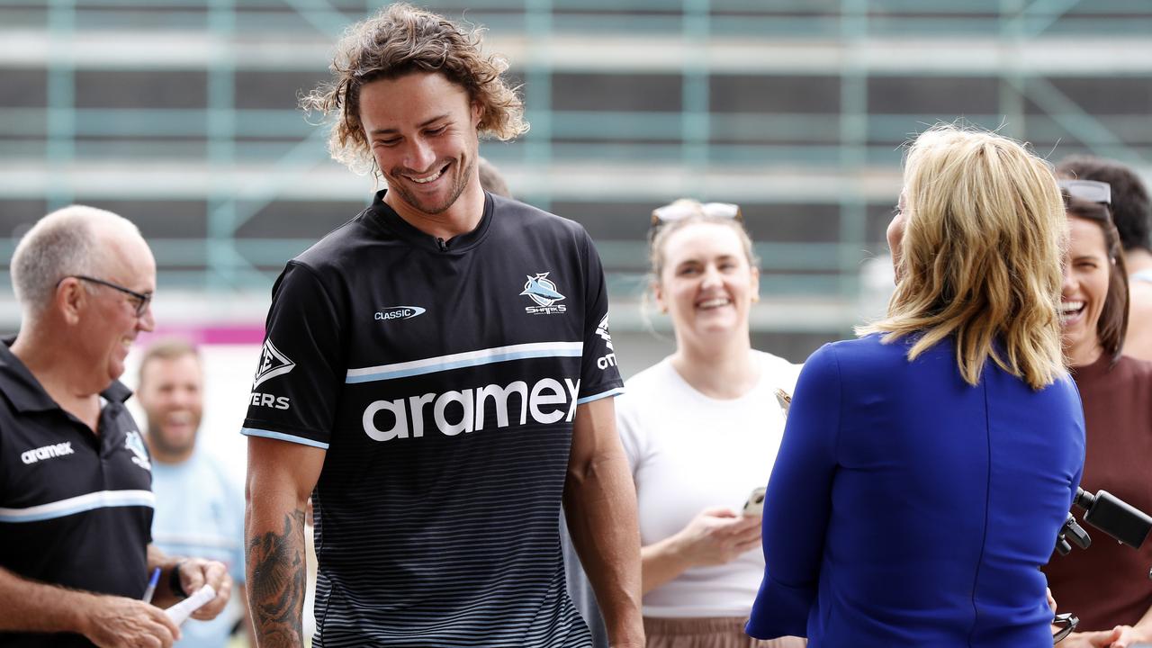 Nicho Hynes answered a number of questions about his mom in a briefing with Sharks Monday morning.  Photo: Jonathan Ng