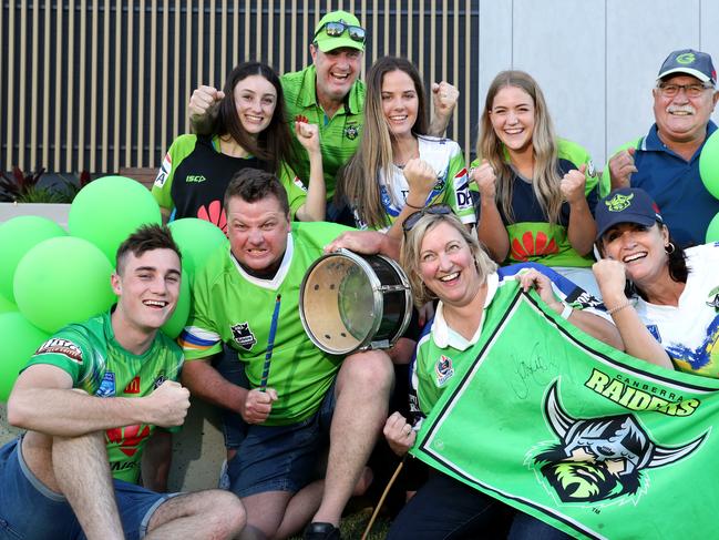 Raiders fans from left (front) Brayden Robertson, Glenn Eveston, Leisa McDonald and Noni Robertson, (back) Callie Robertson, Anthony Robertson, Sarah Davies, Emma McDonald and John Bokkerink at the Jersey Flegg Cup Grand Final between the Rabbitohs and Raiders at Bankwest Stadium, Parramatta. Picture: Jonathan Ng