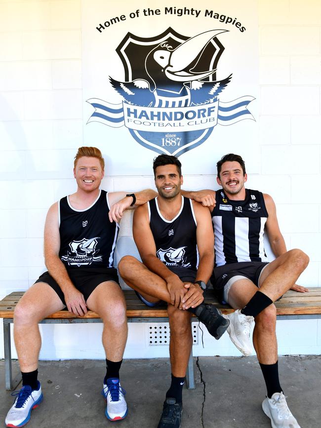 Jared Petrenko (C) with Kyle Cheney (L) and Matthew Jaensch (R) are preparing to play with Hahndorf during this Hills Football League season. Picture: Mark Brake