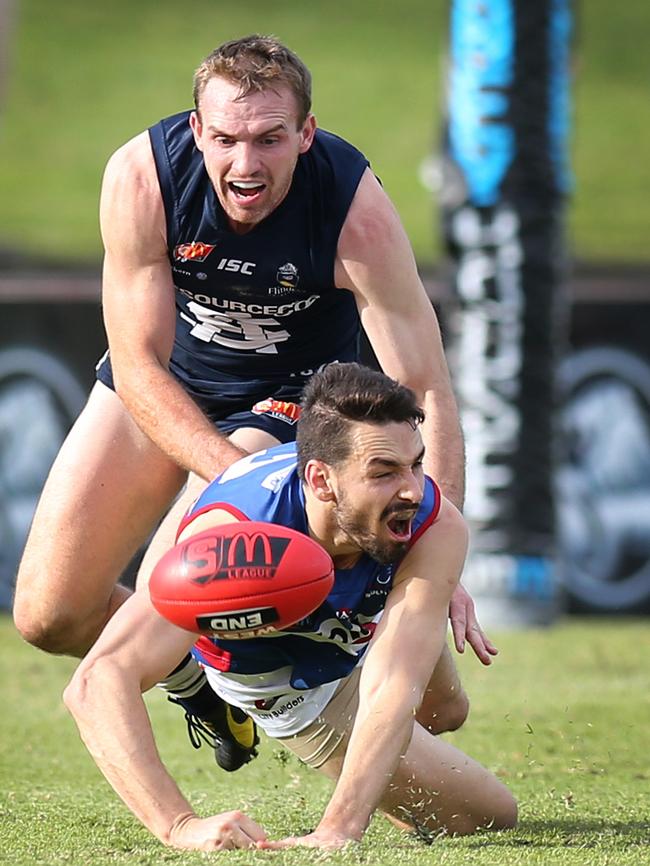 A rare moment when Brad Crabb was on top of John Butcher. Picture: Dean Martin/AAP