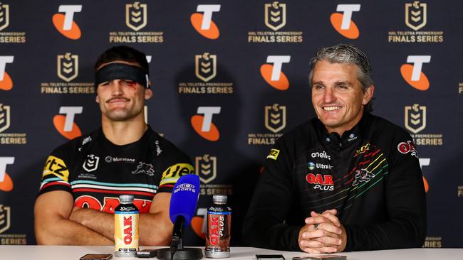 (L-R) Nathan and Ivan Cleary all smile after qualifying for the grand final. Picture: NRL Photos