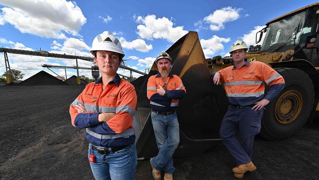 Workers Jaymee Wicks, John Haywood and Dave O’Dwyer at the New Acland mine on Wednesday. Picture: Lyndon Mechielsen