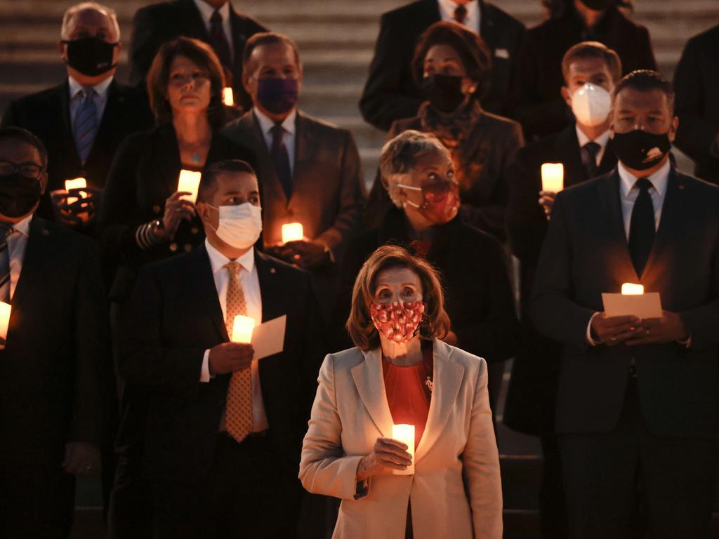 US Speaker of the House Nancy Pelosi and politicians remember the US lives lost to Covid during a memorial in Washington DC. Picture: Getty Images