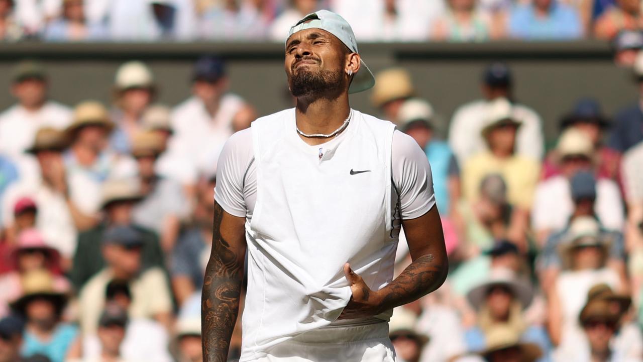 LONDON, ENGLAND - JULY 10: Nick Kyrgios of Australia reacts against Novak Djokovic of Serbia during their Men's Singles Final match on day fourteen of The Championships Wimbledon 2022 at All England Lawn Tennis and Croquet Club on July 10, 2022 in London, England. (Photo by Ryan Pierse/Getty Images)