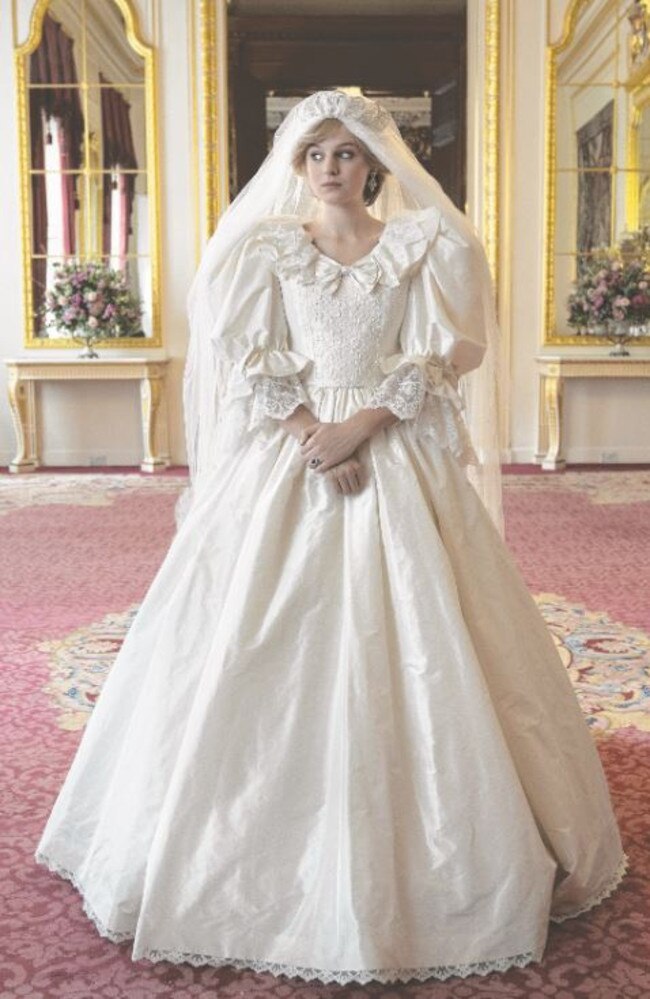 Emma Corrins in the wedding dress made for her role in The Crown. Picture: Netflix