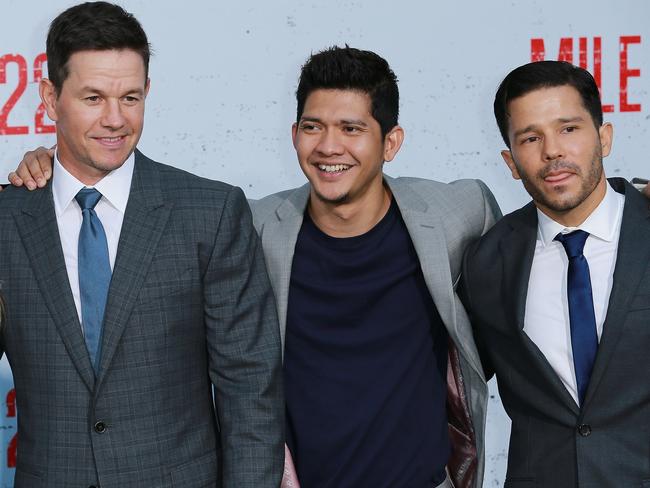 Mark Wahlberg, Iko Uwais and Carlo Alban at the premiere of Mile 22. Picture: Leon Bennett/Getty Images