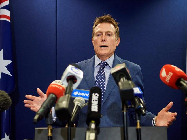 Australia's attorney general Christian Porter speaks during a press conference in Perth on March 3, 2021, after he outed himself as the unnamed cabinet minister accused of raping a 16-year-old girl. (Photo by Stefan Gosatti / AFP)