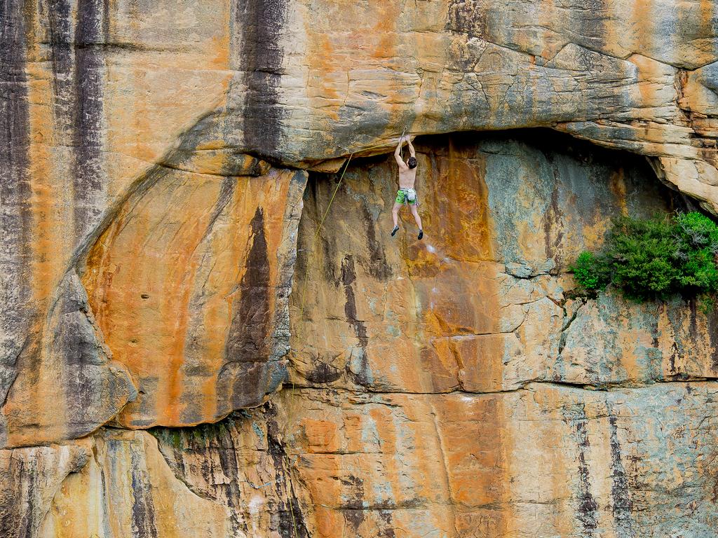 Summerday Valley on a cliff face called Wall of Fools. Experienced Melbourne Climber Mark Lalama, 34, spectacularly attempts Milupa one of the hardest climbs in the Grampians which is rated 29. Picture: Jason Edwards.