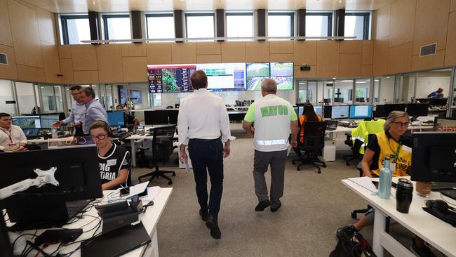 Premier Steven Miles and Gold Coast Mayor Tom Tate view storm damage from the Gold Coast disaster management centre. Picture: Supplied Premier's Department/Annette Dew