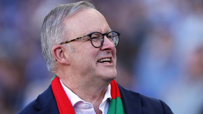 Australian Prime Minister Anthony Albanese enjoys the atmosphere during the round six NRL match between Canterbury Bulldogs and South Sydney Rabbitohs at Accor Stadium on April 07, 2023 in Sydney, Australia. (Photo by Cameron Spencer/Getty Images)