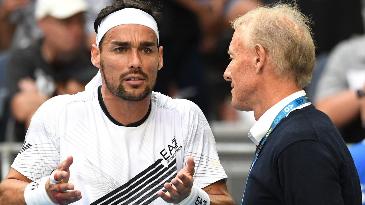 Fabio Fognini blew up early against Tennys Sandgren, and that led to Sandgren getting angry too. (Photo by John DONEGAN / AFP)