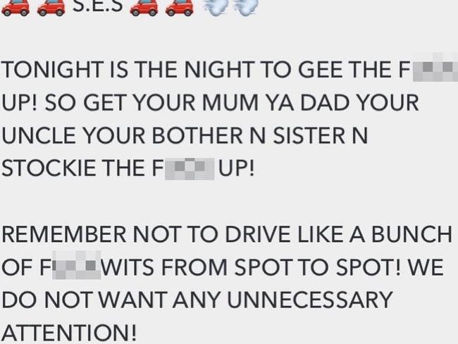 A South East Skids Snapchat message organising an illegal burnout meet up.