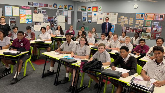 Marsden State High School principal Andrew Peach with one of the school’s Year 8 English classes. Marsden High has the second largest year 8 cohort in Queensland, behind only Brisbane State High School.