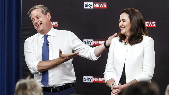 The LNP lost support just about everywhere. Above, Tim Nicholls (LNP) and Annastacia Palaszczuk (ALP) during the leaders’ forum. Photo: AAP