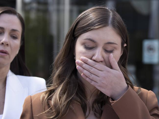 An upset Brittany Higgins speaks after leaving the Magistrates Court in Canberra. Picture: NCA NewsWire / Gary Ramage