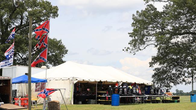 Confederate flag merchandise is seen at a hut across the street from the Talladega Superspeedway ahead of the June 22 race. Picture: Carmen Mandato/Getty Images