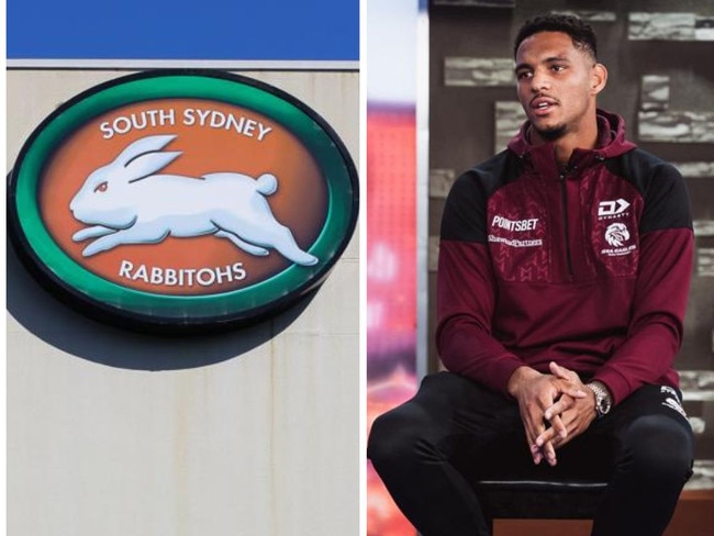 South Sydney’s NRL logo and Jason Saab attempting to explain its meaning. Photos: News Corporation/Supplied