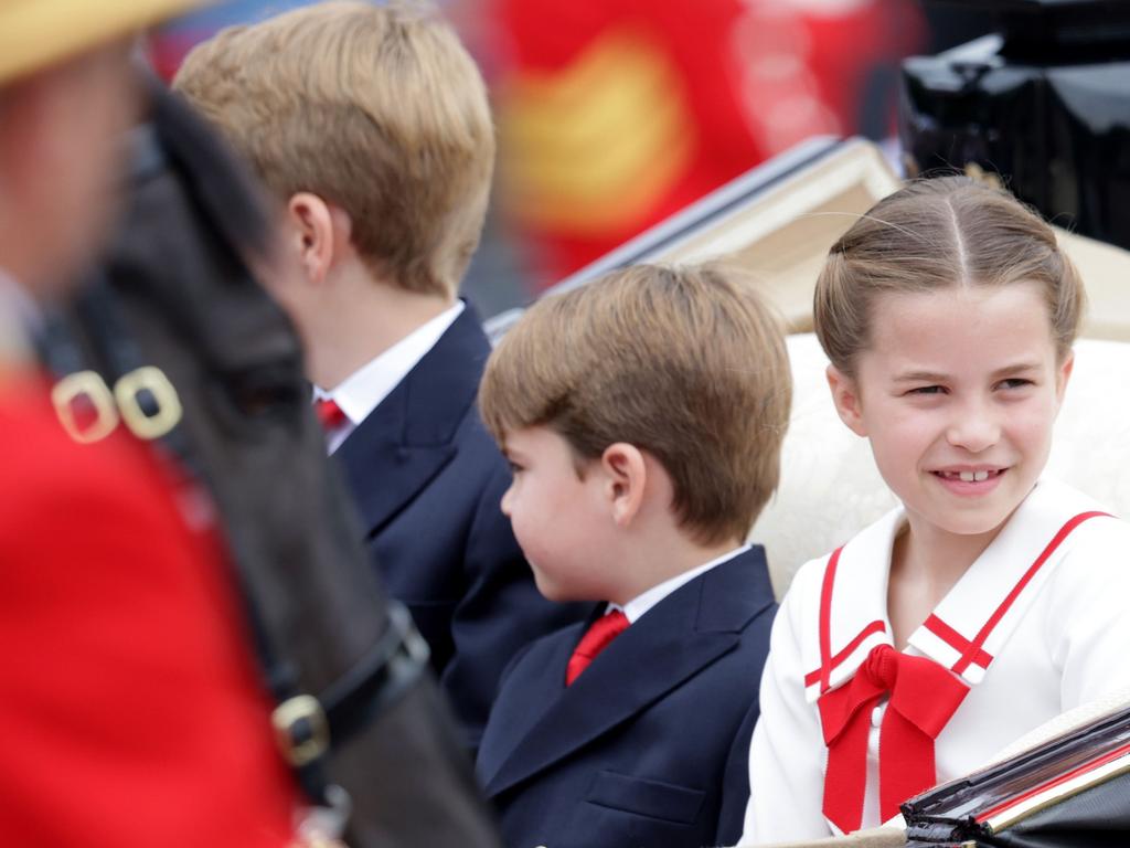 Prince George of Wales, Prince Louis of Wales and Princess Charlotte of Wales are seen during Trooping the Colour. Picture: Chris Jackson/Getty Images