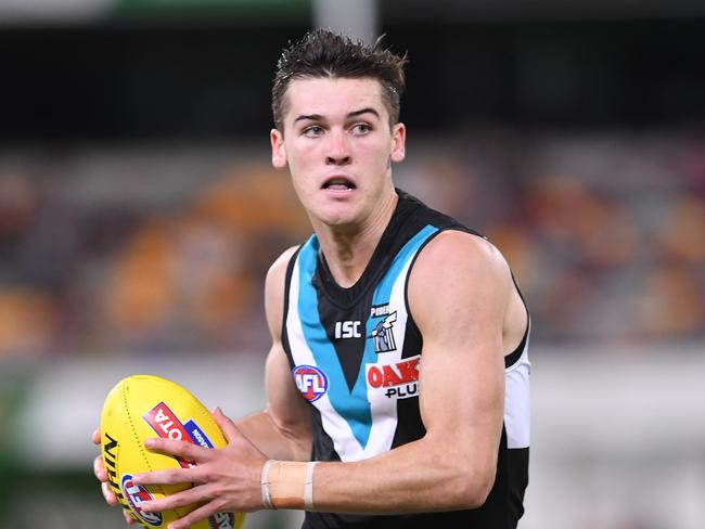 Connor Rozee of the Power during the Round 3 AFL match between the Brisbane Lions and Port Adelaide Power at the Gabba in Brisbane, Saturday, April 6, 2019. (AAP Image/Dave Hunt) NO ARCHIVING, EDITORIAL USE ONLY