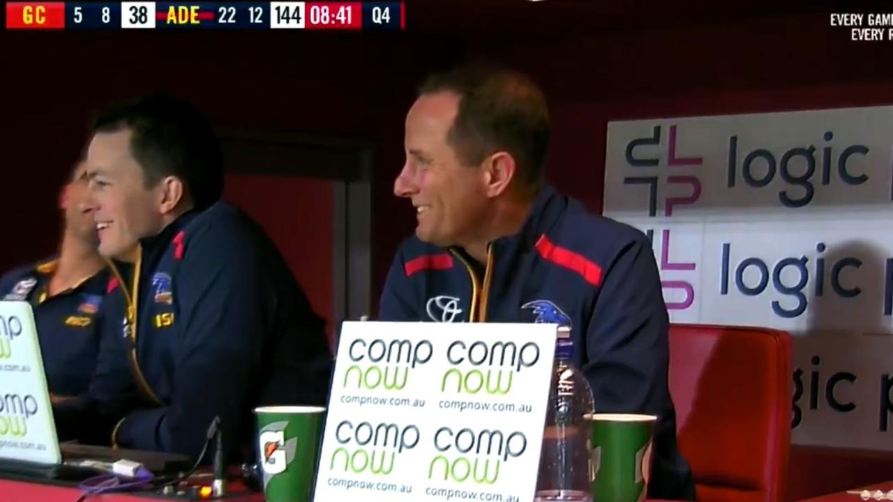 Adelaide Crows coach Don Pyke laughing against Gold Coast.
