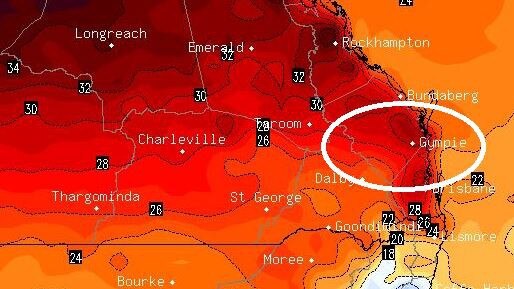 HOT HOT HOT: Temperatures will soar in the Gympie region today – with a 33C scorcher on the cards. Modelling courtesy of BSCH