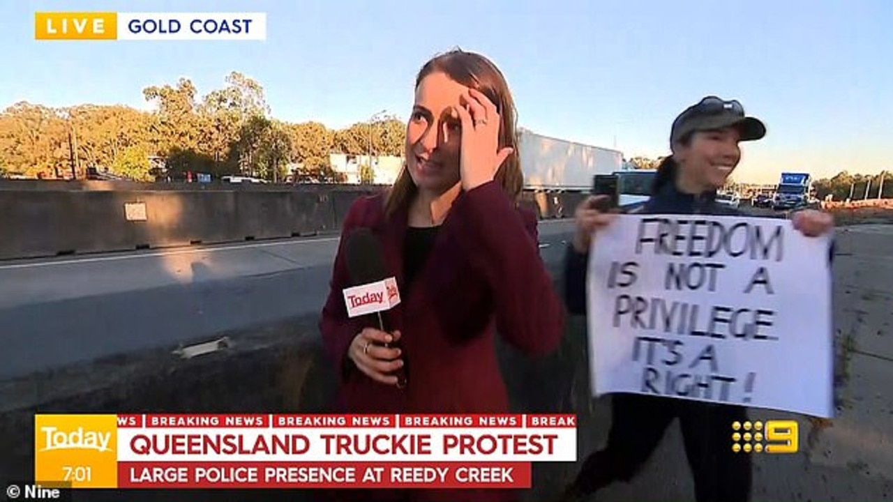 An anti-lockdown protestor being interviewed by Today's Jessica Millward calls the media 'fake news' at Monday's truck protest.
