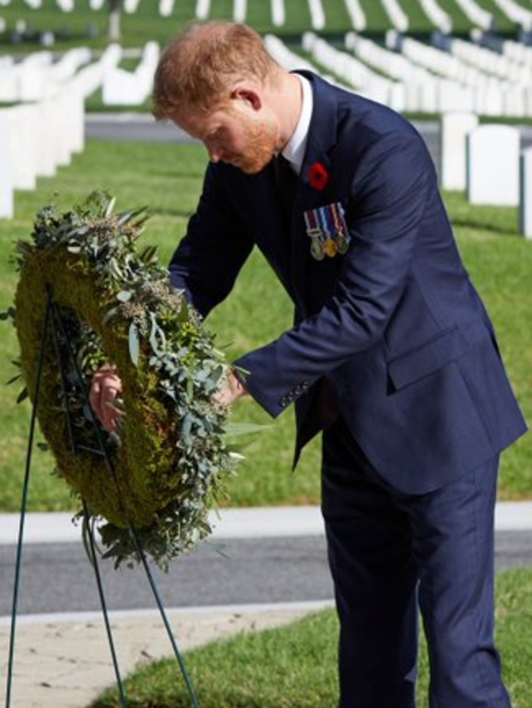 Prince Harry lays a wreath at the Los Angeles National Cemetery on Remembrance Sunday. Photographer: Lee Morgan